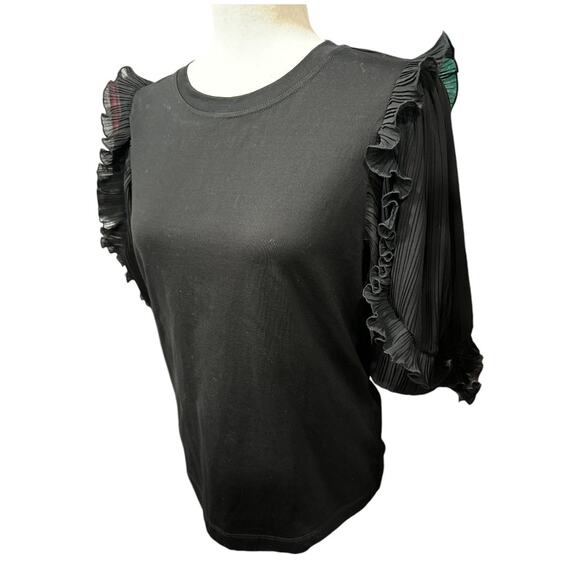 Sandro Paris Black Tee Shirt with Pleated Puffy Sleeves S - Picture 2 of 6